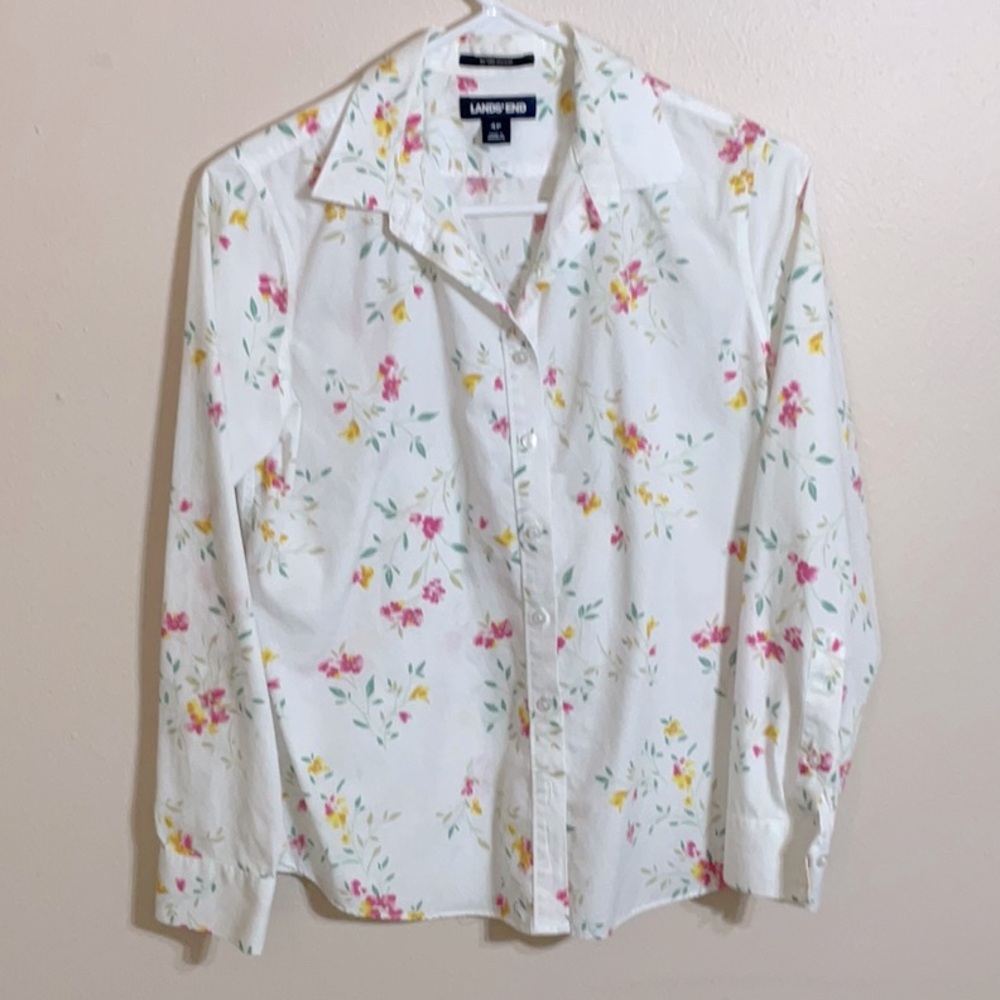 Lands' End White and Pink Casual Button Down Shirt with Floral Design